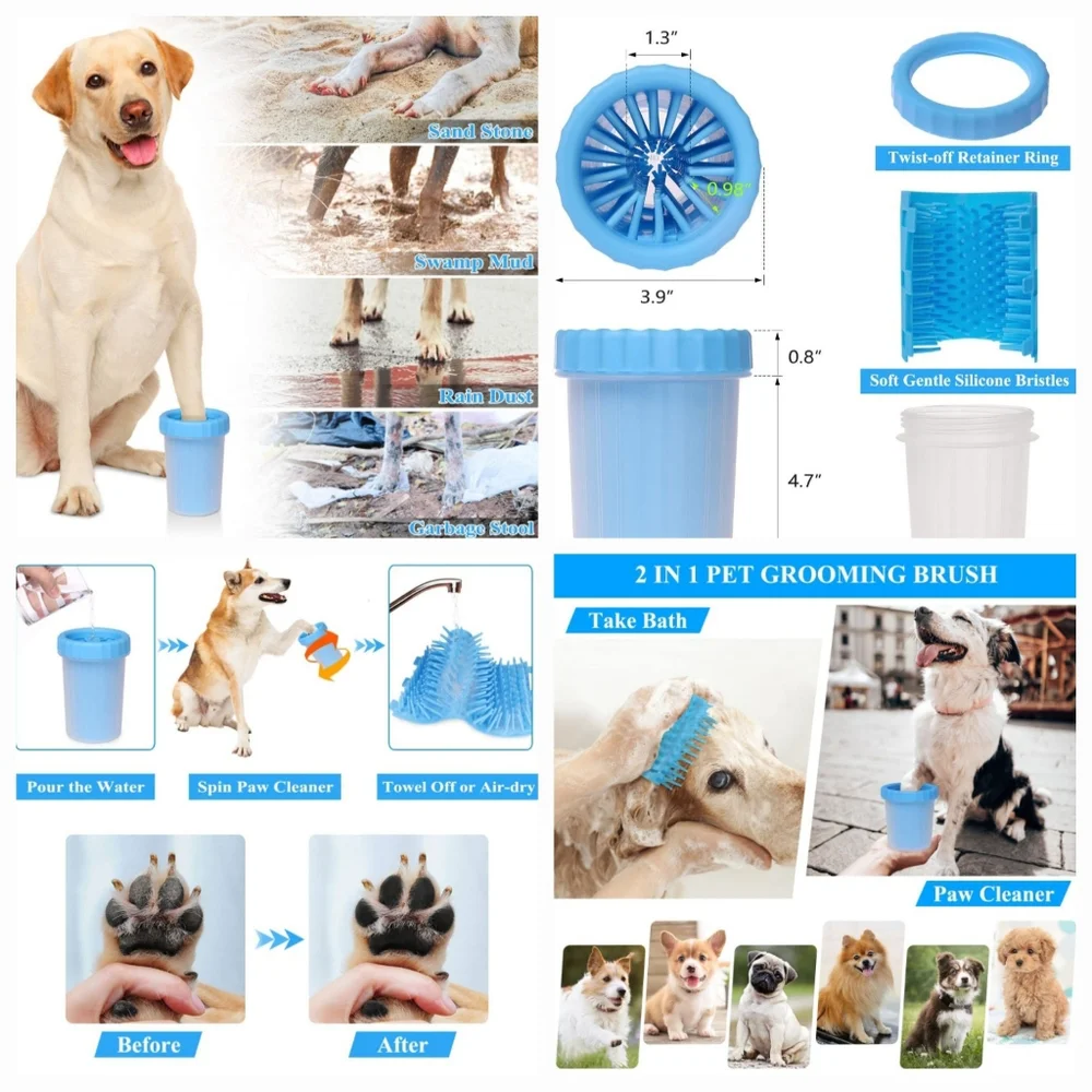 Dog Paw Cleaner - Portable Pet Paw Washer Cup, Silicone Scrabber, Blue, Large